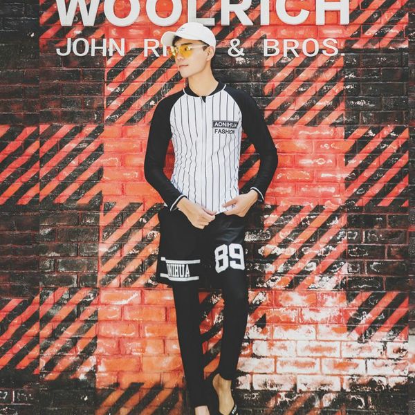 

2019 new korean men's two pieces swimwear long-sleeved trousers surf three-pieces cool quick-dry beach board shorts suit set, White;black