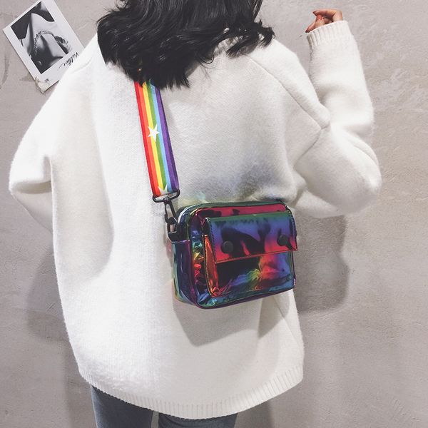 

cute small bag new women's bag 2019 laser hip hop personality small square shiny shoulder messenger tide pink