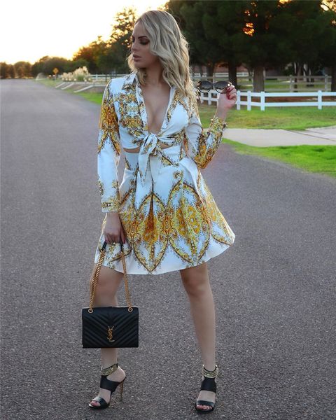 

womens designer two piece dress fashion print suits casual long sleeve short dresses womens clothing, White