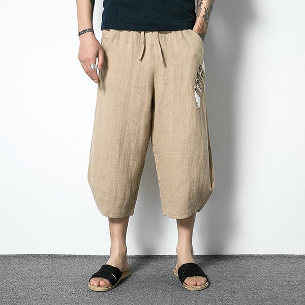 

лето новый мужской большой размер свободные укороченные брюки пэчворк повседневные брюки китайский стиль тонкий срез льняные брюки мужской, Black