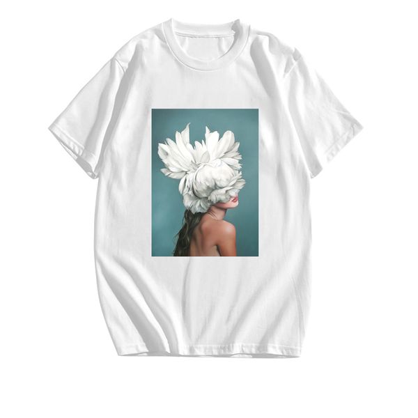 

cotton harajuku aesthetics tshirt flowers feather print short sleeve & tees fashion casual couple t shirt, White