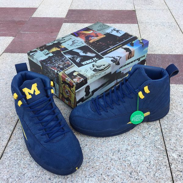

Top Michigan Basketball Shoes 12 12s Mens Blue Yellow Buckskin 23 Outdoor Sports Trainers Sneakers Designer Shoes With Box