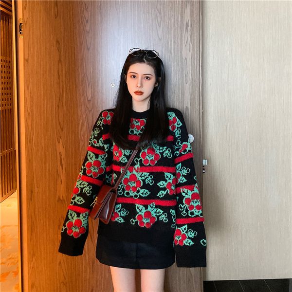 

gruiiceen 2020 vintage embroidery floral womens sweaters round neck korean sweater and pullovers knitwear, White;black