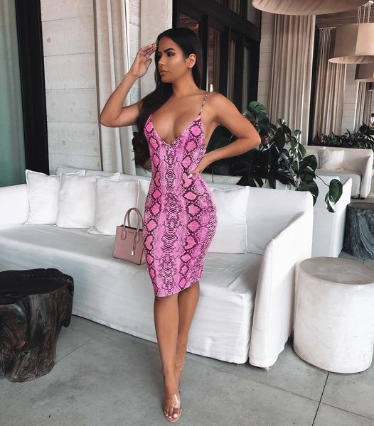

popular european and american new deep v printed serpentine suspender skirt slim hip nightclub dress women, White;black