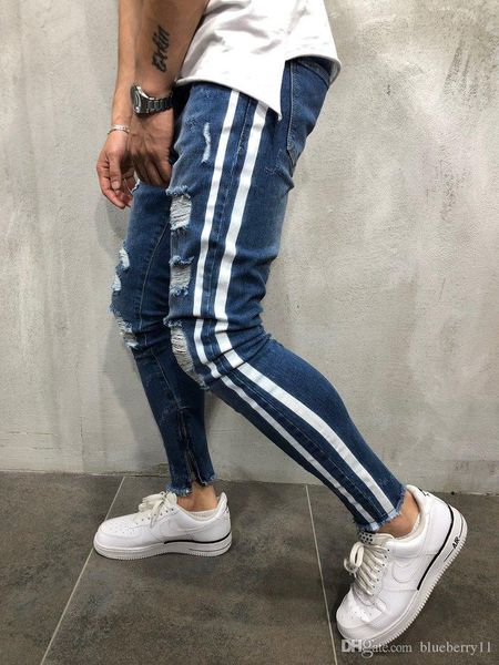 

designer men fashion blue stripe jeans slim fit denim pants long hip hop trousers size s-3xl