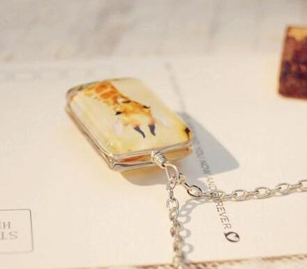 

fashion- giraffe pendant necklaces double sided square giraffe long sweater chain hand drawing deer chain christmas gift, Silver