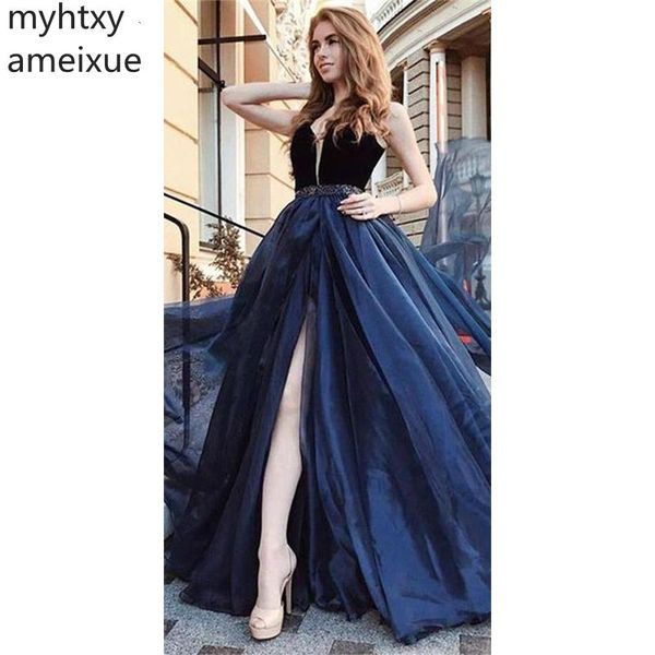 

2019 new elegant robe evening dress a-line formal prom party dresses sweep train sleeveless evening gown custom made, White;black