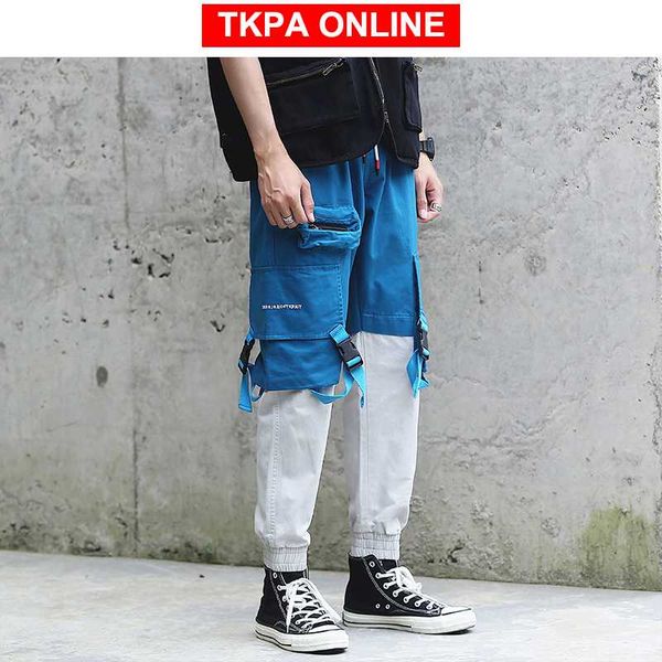 

color block cargo pants streetwear 2020 ribbons joggers pants patchwork track mens overalls fashion trousers ins, Black