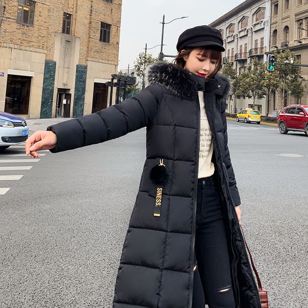 

long big fur women winter jacket cotton padded warm thicken ladies coat long coats parka womens jackets, Black