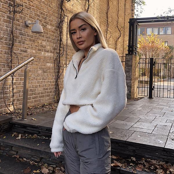 

обрезанные женщины белая шерсть куртка осень молния водолазка пальто streetwear зимы casaco feminino пальто перевозка груза падения, Black;brown