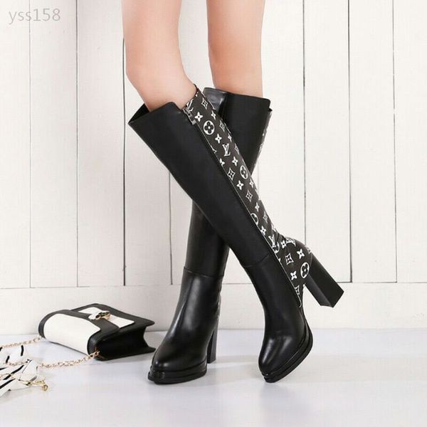 

2019 lacquered calfskin and stretch fabric ladies long black boots slip-on personality round toe square heel stretch boots for women boot