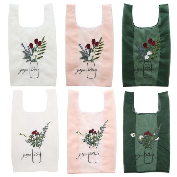 

foldable organza embroidery handy shopping bags reusable tote pouch recycle storage handbags