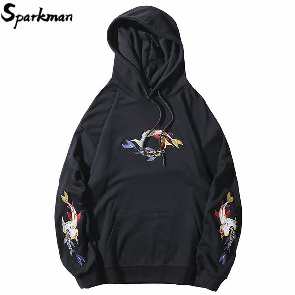 

men hip hop hoodie sweatshirt embroidery lucky koi fish harajuku streetwear hooded pullover cotton autumn 2019 hoodie oversize, Black