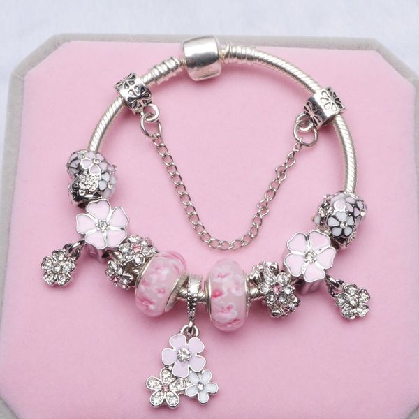 

ale charm bracelet 925 silver bracelets pink charm beads pendant fit for snake chain diy jewelry with gift box or nylon bag, Golden;silver