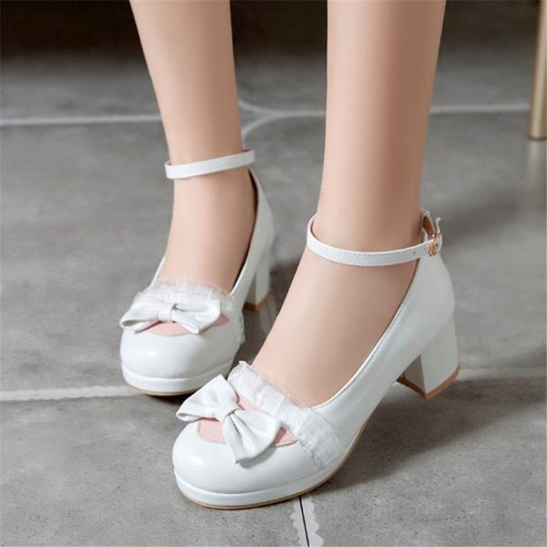 

pxelena lovely butterfly-knot ruffles bride wedding shoes women white pink beige square med heels pumps lady dress 2020 autumn, Black