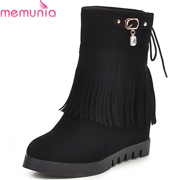 

memunia 2020 new arrival ankle boots women flock buckle crystal tassel boots autumn winter wedges platform shoes female, Black