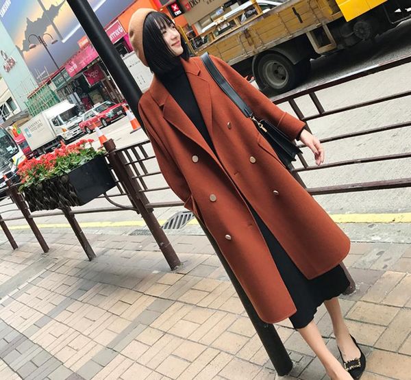

winter woolen coat double-breasted long loose coat, Black