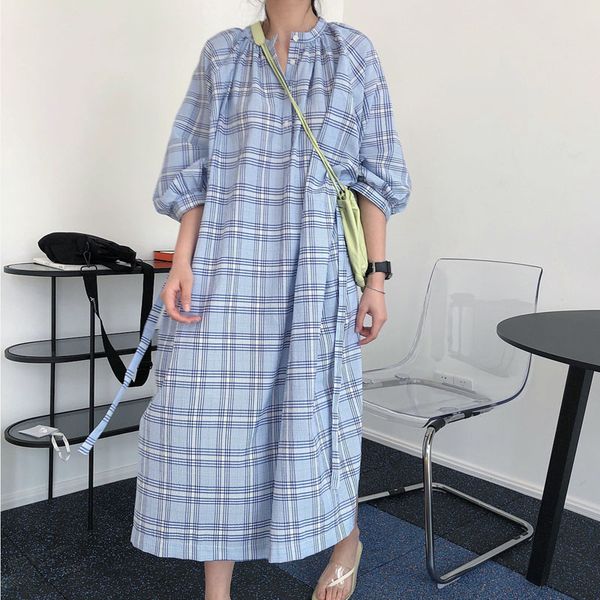 

korean elegant stand collar plaid women dress lantern sleeve loose female holiday long dress 2020 autumn long vestidos femme, Black;gray