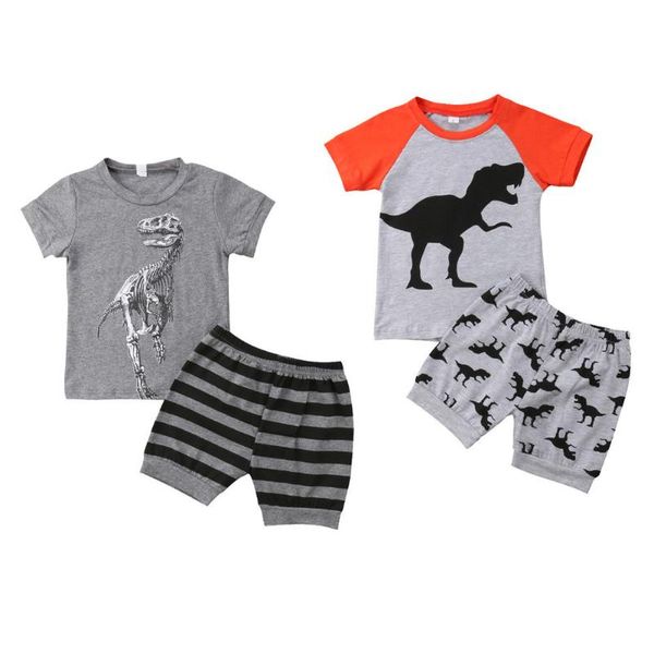 

toddler baby boys summer fashion casual clothes sets 2pcs short sleeve cartoon dinosaur print grey t-shirts +shorts 1-7y, White