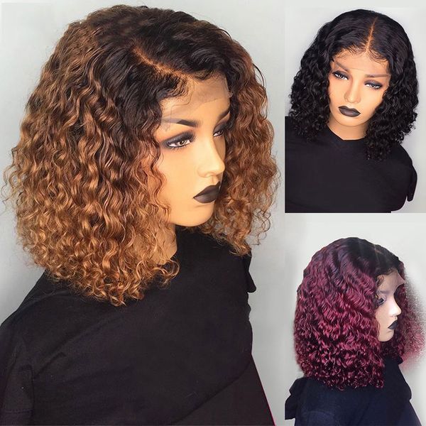 

short curly lace front human hair wig ombre bob wigs human hair lace front wigs for women brazilian virgin hair curly wigs, Black;brown
