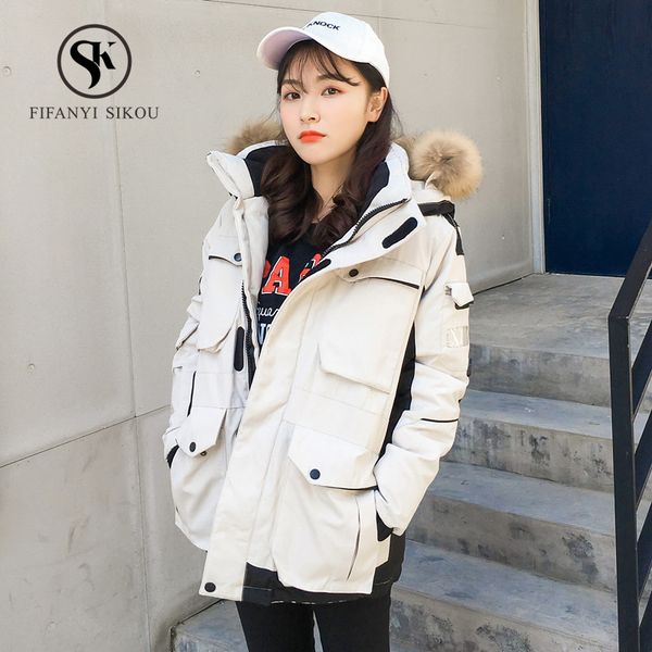 

hooded parkas for women down jacket fashion big pocket raccoon dog fur collar down coat casual duck coats warm outerwear, Black