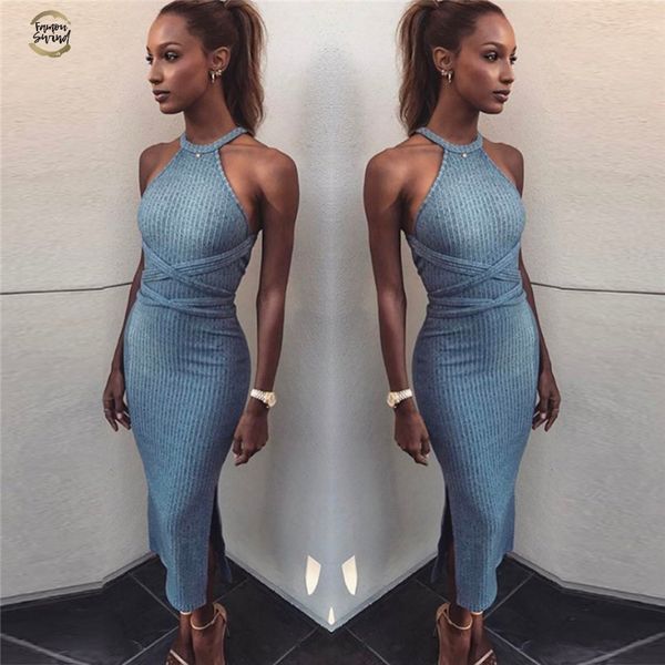 

summer sheath dress women clothes party halter neck sleeveless slit mid-calf dresses slim backless bandage grey vestidos, Black;gray