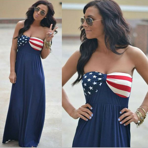 

womens american flag dress stars striped strapless printed sleeveless boho long maxi evening beach 4th of july sundress ljja2392-1, Black;gray