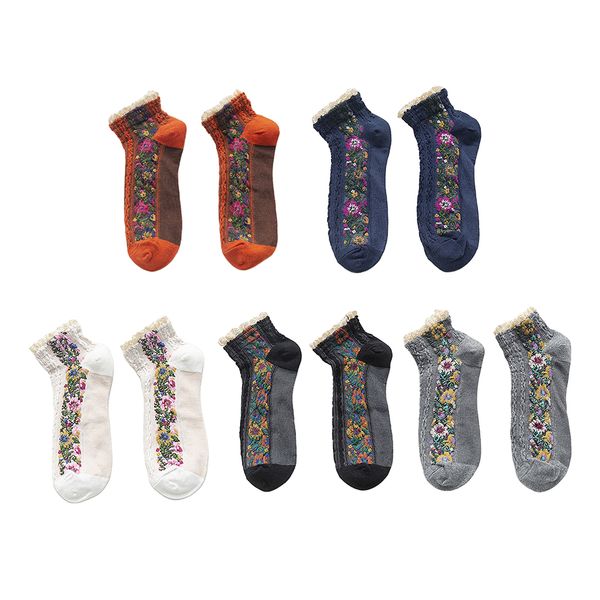 

5 pairs ladies cotton floral socks nonslip summer lace boat socks, Black;white
