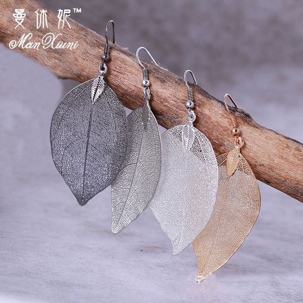 

2018 fashion bohemian long earrings unique natural real leaf big earrings for women fine jewelry gift pendientes, Silver