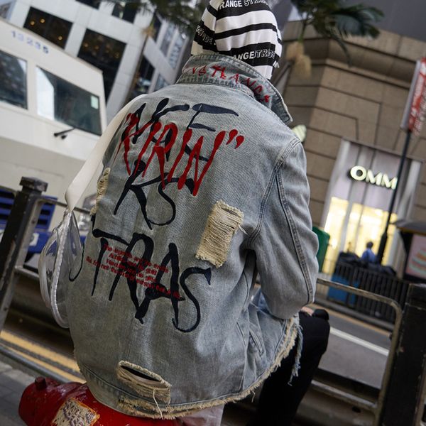 

2019 tide brand spring and autumn new men's high street wash water graffiti men's denim jacket fashion denim coat, Black;brown