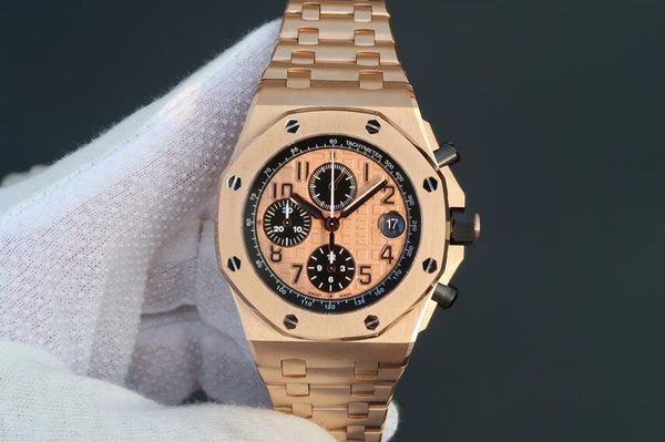 

factory supplier mens wristwatches limited 42mm quartz chronograph 18k pink gold stainless steel mens men's watch watches, Slivery;brown