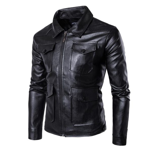 

men's fur & faux pockets men leather jacket slim winter casual motorcycle pu, Black