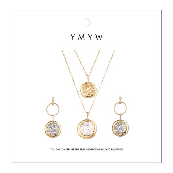 

ymyw new necklace trendy 2018 vintage carve portrait round pendant jewelry set earrings necklace personalized fashion charms, Silver