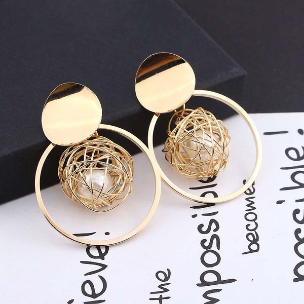 

fashion-europe and the united states metal rings hollow out gold ball pearl pendant earrings personality exaggerated fashion stud earrings, Golden;silver