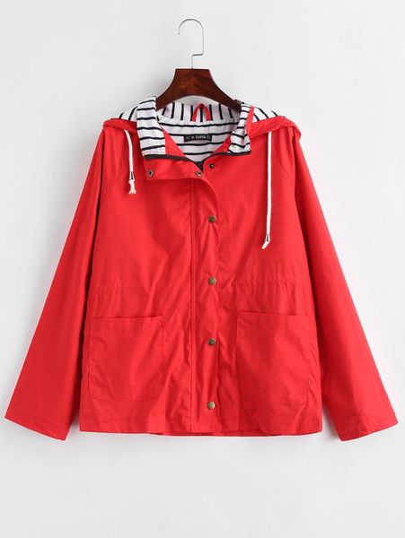 

zaful snap button stripes panel hooded jacket, Black;brown