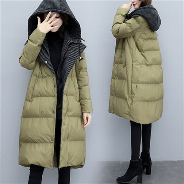 

women's down & parkas long section cotton coat women 2021 winter fashion loose thick warm stitching hooded jacket tide h00957, Black