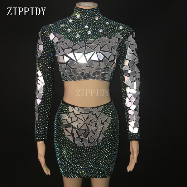 

мода блестящие ab стразы две части юбка костюм наряд женщины певица танцовщица носить черный этап одежда партия коллекция набор, Black;red