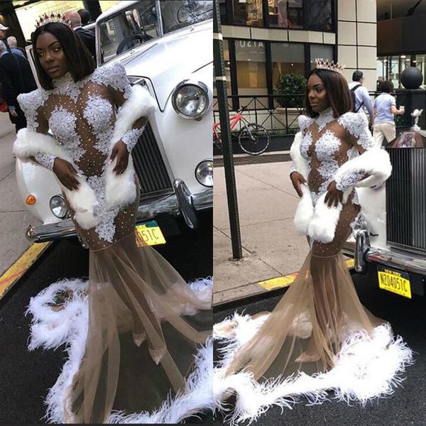 

south african mermaid prom dresses long sleeve high neck lace appliques beads feather plus size evening gowns abendkleider celebrity dress, Black