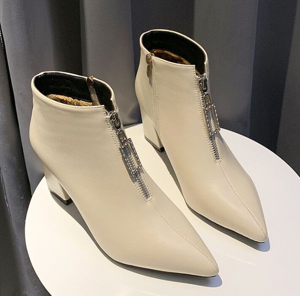 

booties female 2019 new autumn and winter new european and american pointed rhinestones martin boots pointed front zipper high heel women&#0, Black