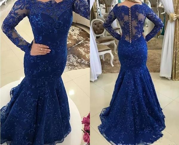 

2019 Charming Royal Blue Lace Mermaid Evening Dresses Long Sleeve Lace Beaded Appliques Button Back Special Occasion Dresses Prom Dresses, Black;red