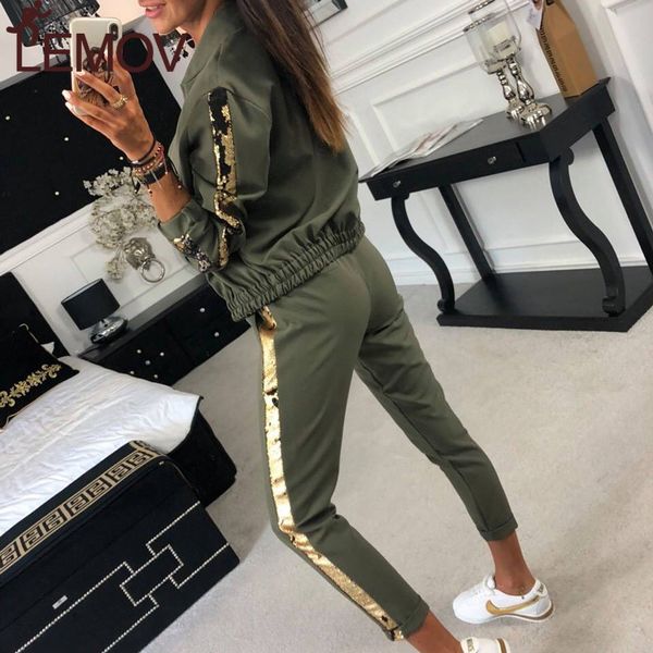 

2 pieces rinning suit fall outfit women casual tracksuit and pants sequined o-neck outwear sweat suit jogging suits, Black;blue