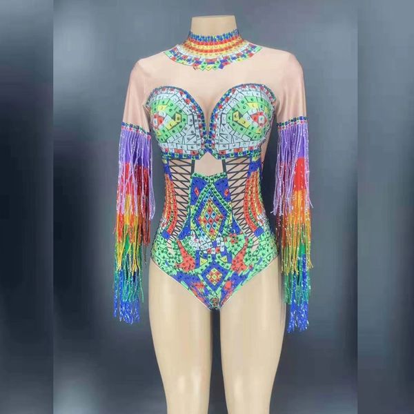 

unique design women multicolor rhinestone tassel bodycon rompers pole dancer performance costumes women's acrobatics stage wear, Black;white