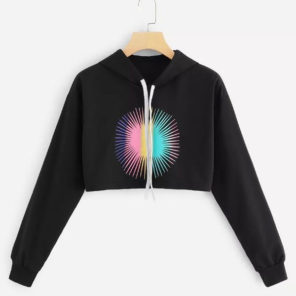 

chamsgend hooded sweatshirt 2019 printed womens long sleeve short hoody pullover fashion autumn crop hoodies sweatshirts f720, Black