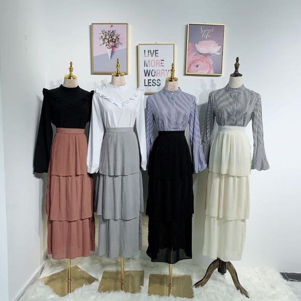 

wepbel plus size high waist skirt refreshing muslim pleated skirt summer women fashion solid color loose skirts, Black