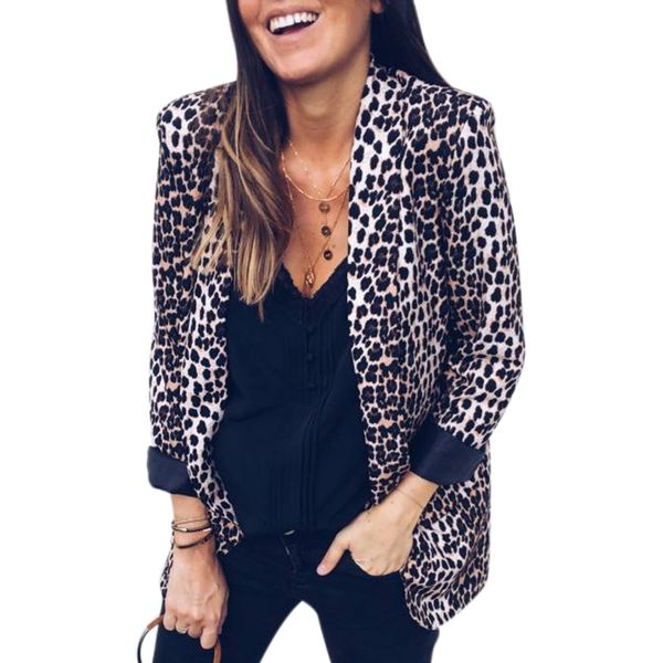 

women leopard print long sleeve suit coat biker jacket outwear, Black;brown
