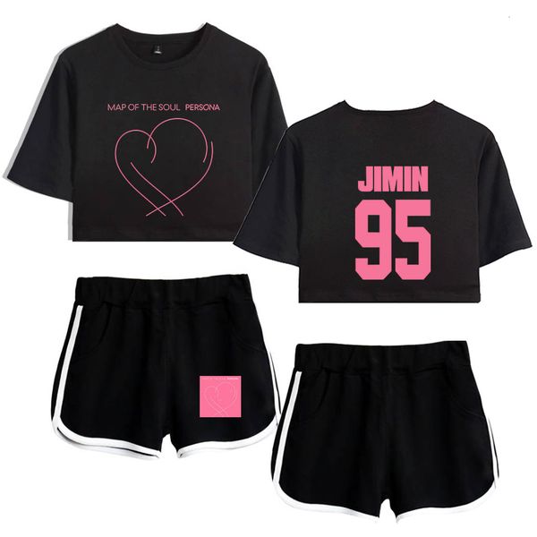 

j-надежда v карта jimin душа persona двухсекционный outwear летней футболки и шорты женские костюмы crop top + шорты tracksuit, Gray