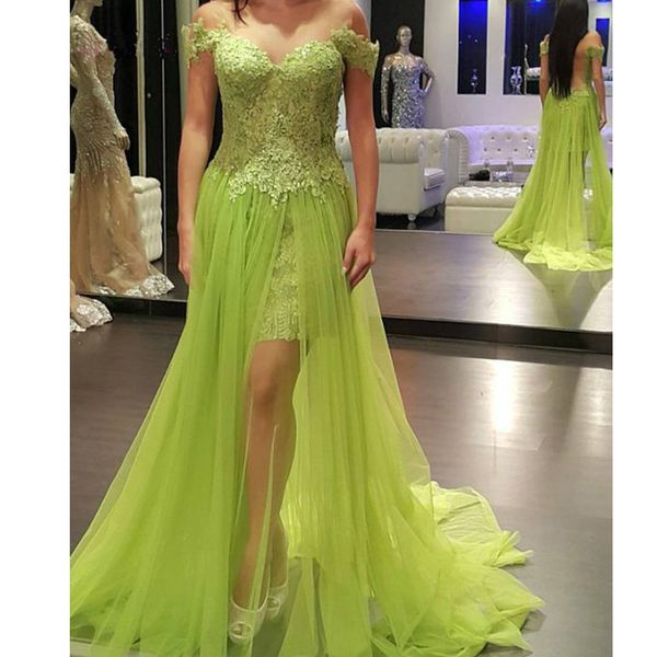 

robe de soirÃ©e green off shoulder girls prom gown with lace side split evening dresses vestido de noche party gowns, Black