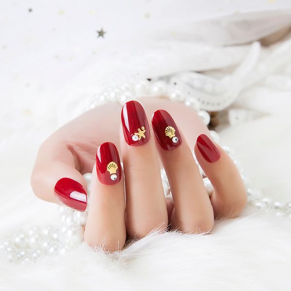 

24pcs/set fake finger nails artificial fingernails with kawaii design diy false nail tips with glue sticker for lady summer, Red;gold