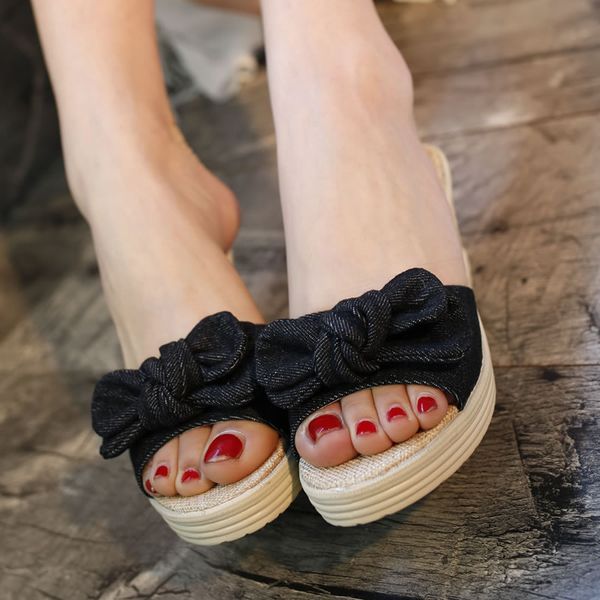 

women slippers with high heels wedges butterfly knot outside summer shoes canvas fashion women slides xwt1662, Black