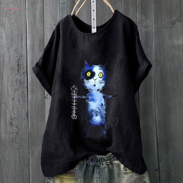 

женщины tshirts плюс размер коротким рукавом смешные cat печати хлопок белье o шеи печать пуловер tops рубашка футболочку femme 2019, White
